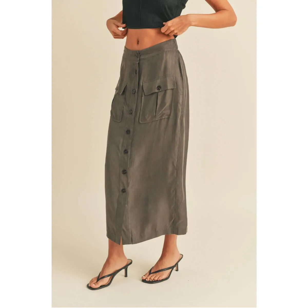 Suede Button-Down Cargo Skirt