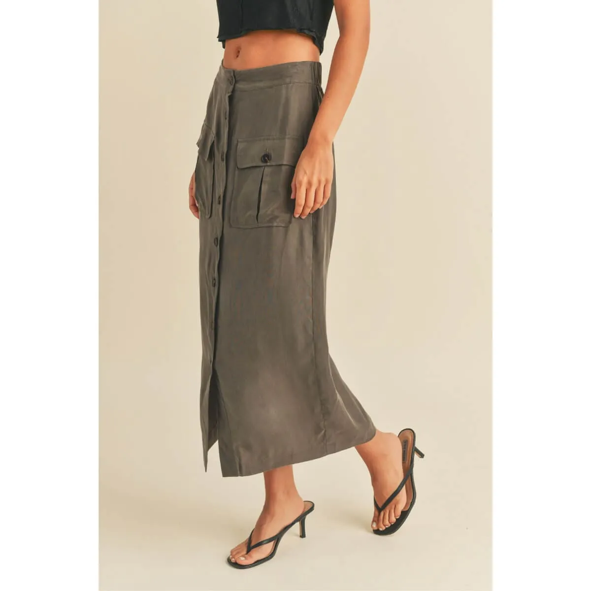Suede Button-Down Cargo Skirt