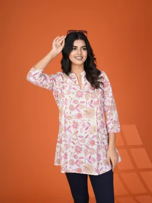 White Multi-Floral Pintuck Kurti in Cotton Cambric
