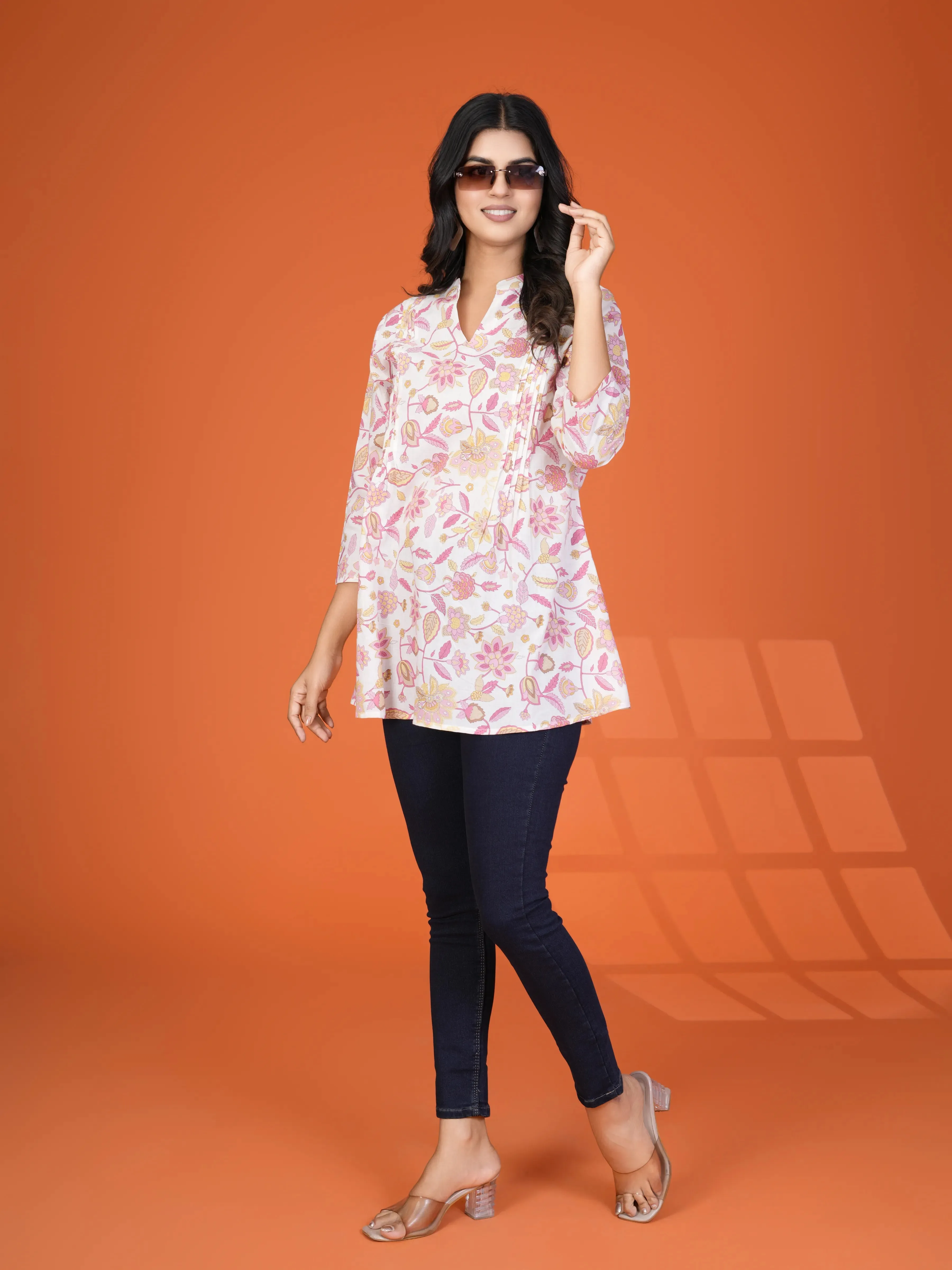 White Multi-Floral Pintuck Kurti in Cotton Cambric