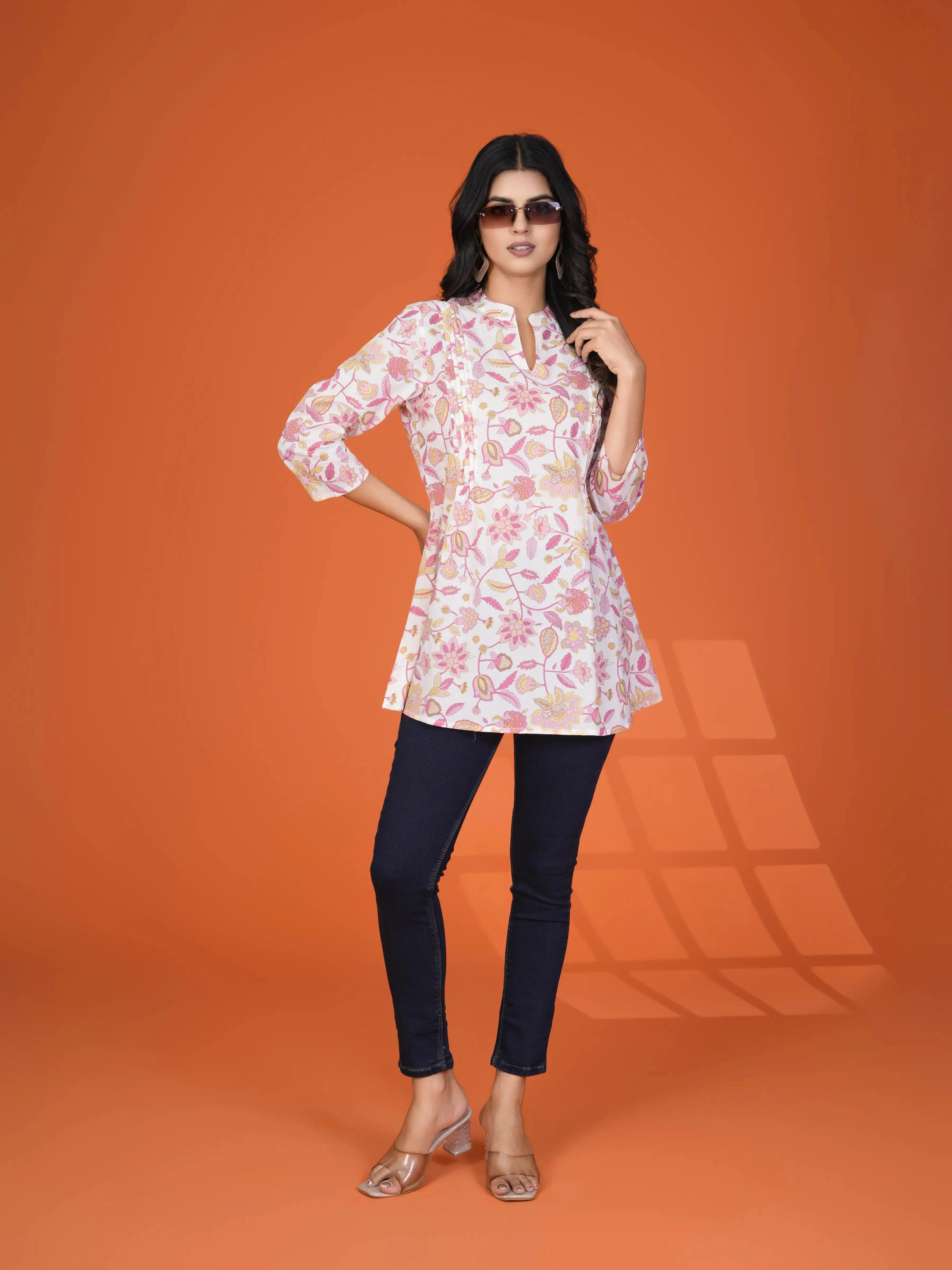 White Multi-Floral Pintuck Kurti in Cotton Cambric