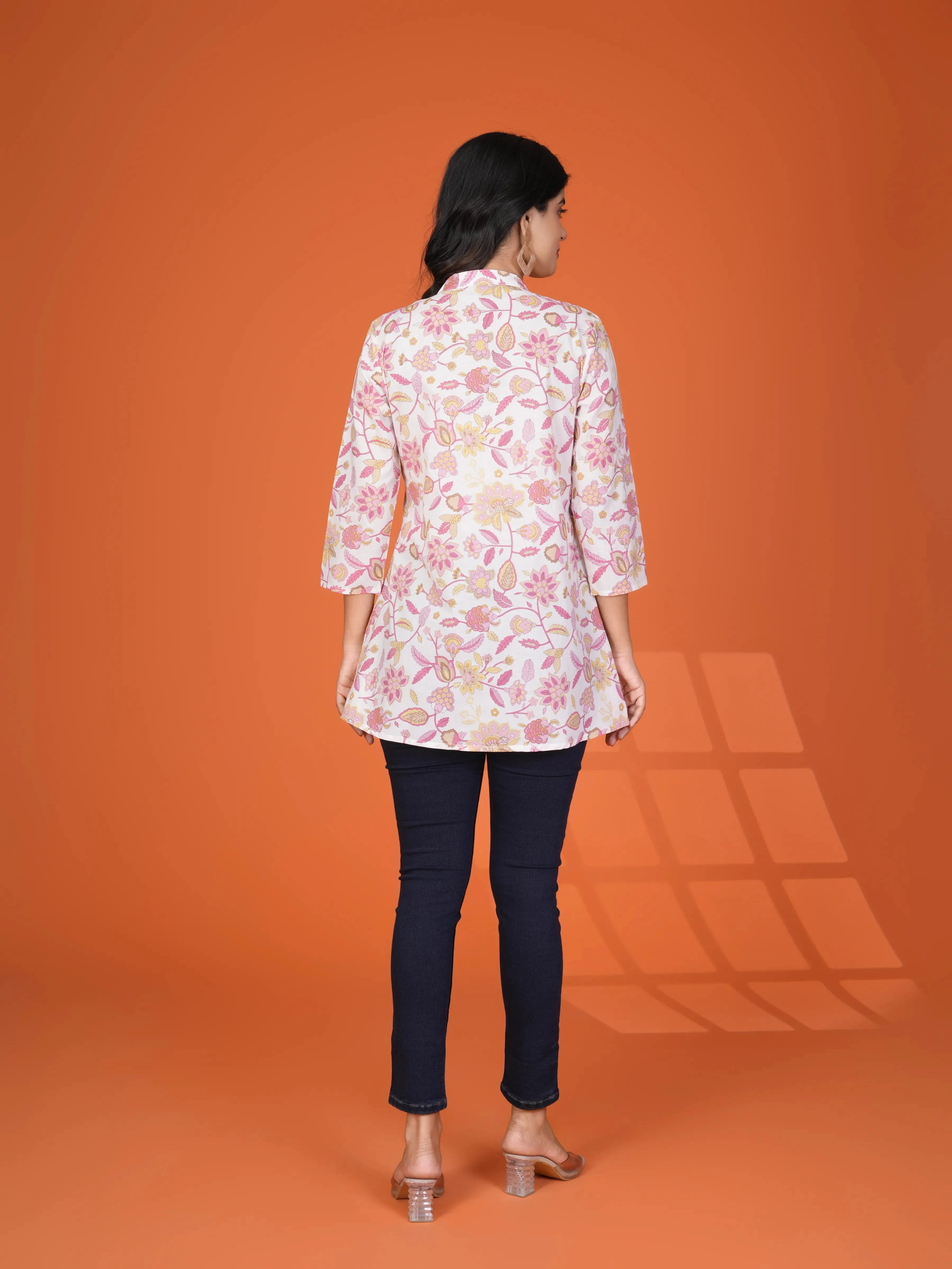 White Multi-Floral Pintuck Kurti in Cotton Cambric