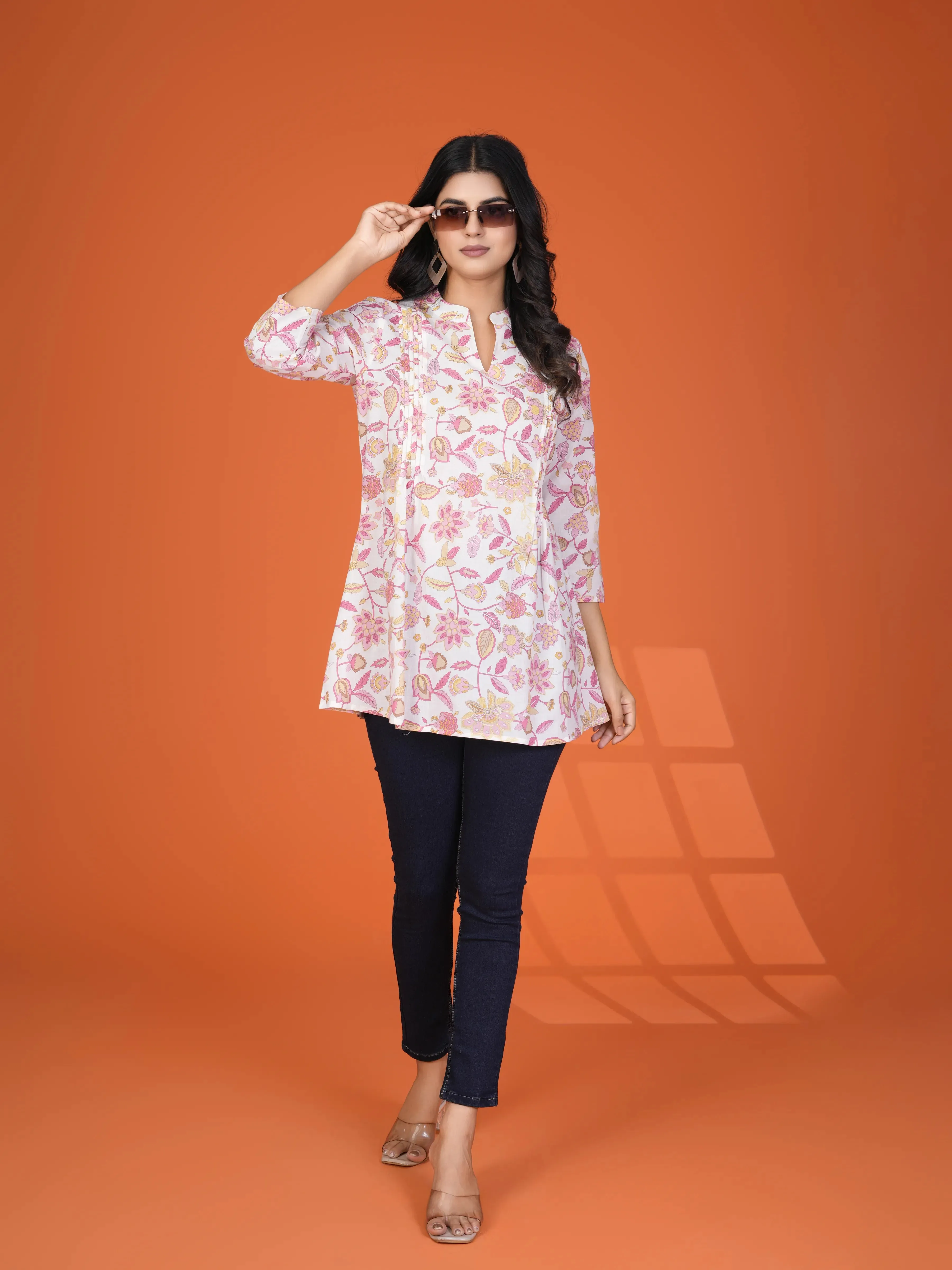 White Multi-Floral Pintuck Kurti in Cotton Cambric
