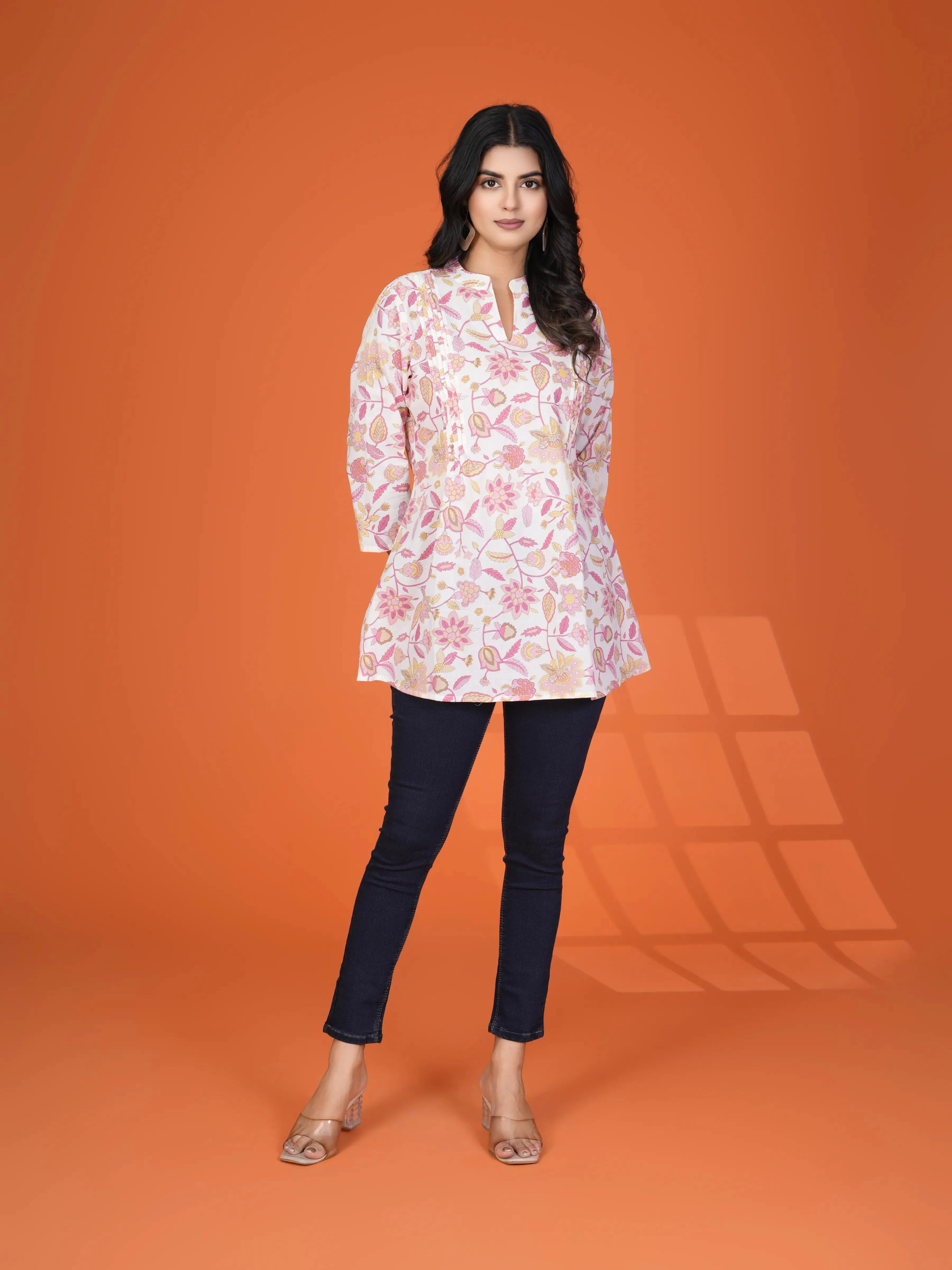 White Multi-Floral Pintuck Kurti in Cotton Cambric