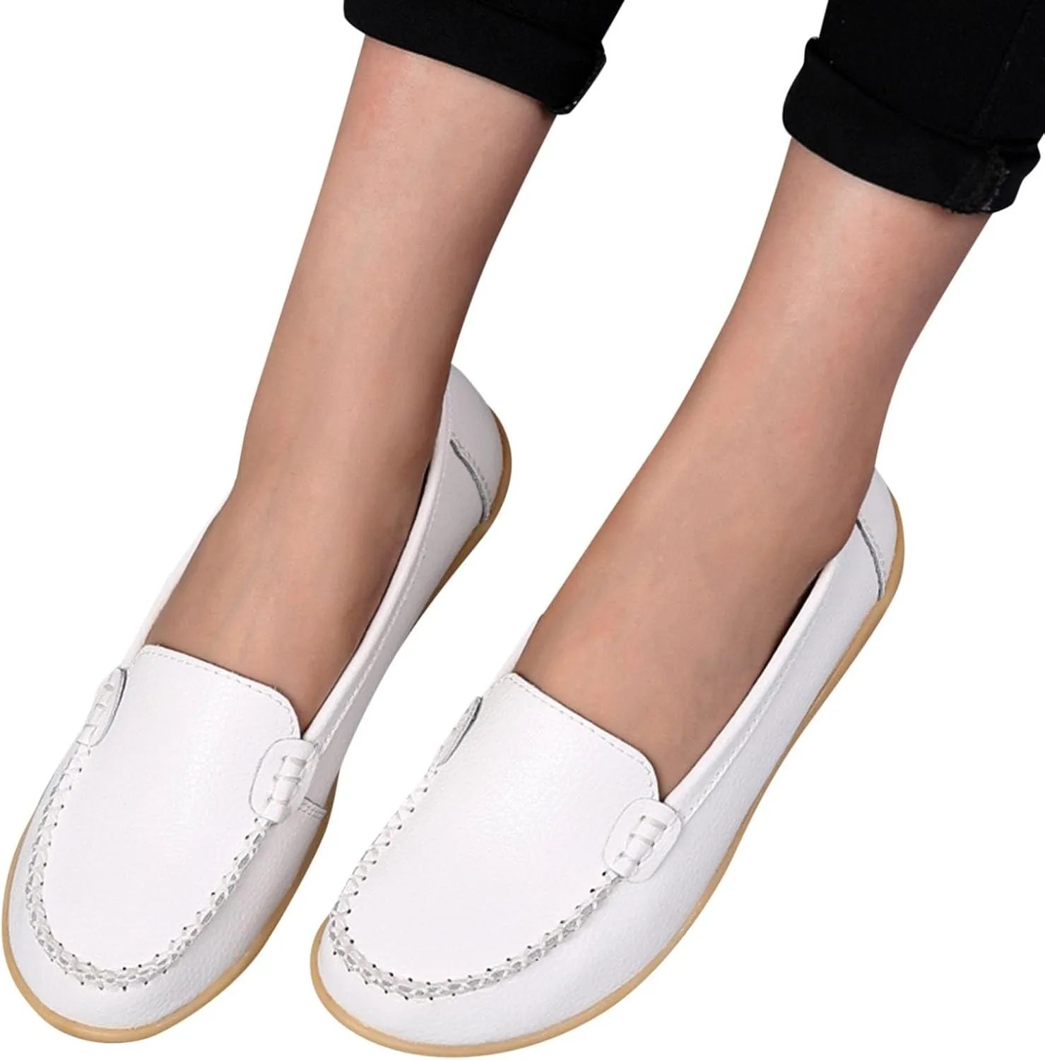 Women's Comfortable Loafers Soft Leather Slip on Casual Outdoor Sandals Round Toe Driving Flat Work Walking Shoes for Women Dressy Low Heels Orthopedic Sandals 