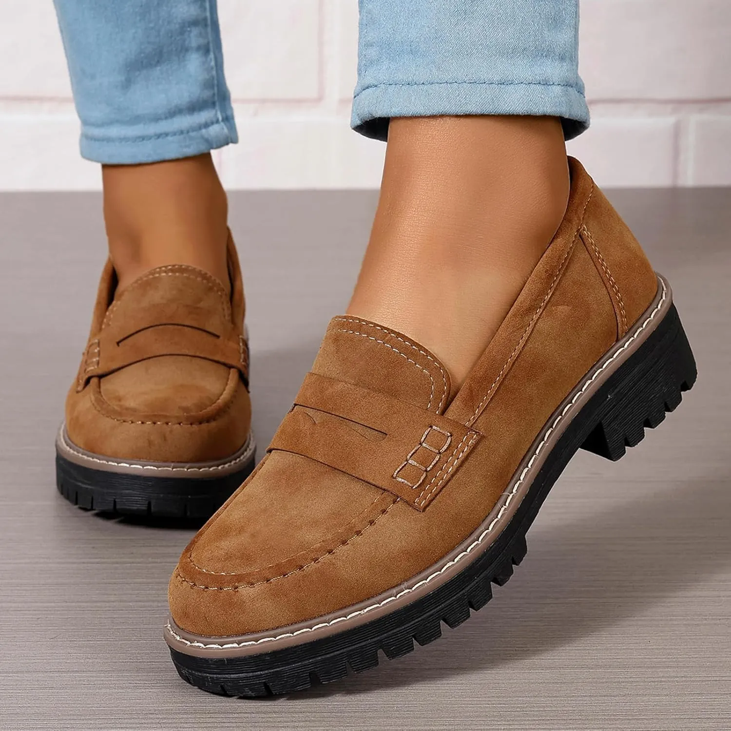 Womens Loafers Slip On Casual Chunky Platform Heel Loafers Classic Penny Dressy Comfy Business Work Shoes Green Beige Black Red US5-11