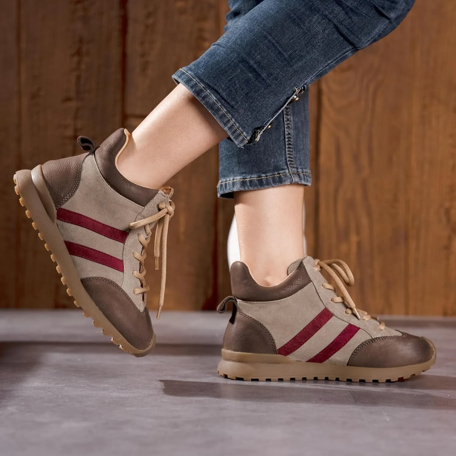 Women's Walking Shoes, Comfortable Running Shoe for Women, Non-Slip Athletic Sports Gym Breathable Durable Fashion Sneakers, Genuine Leather Oxford Rubber Lace Up Design
