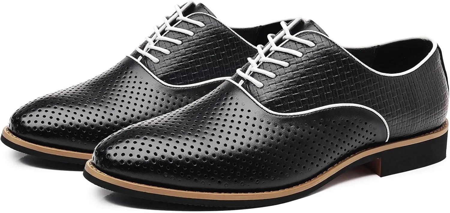 WUIWUIYU Teens Boys' Uniform Dress Leather Oxfords Men's Summer Wedding Perforated Business Wintips Flat Oxford Shoes